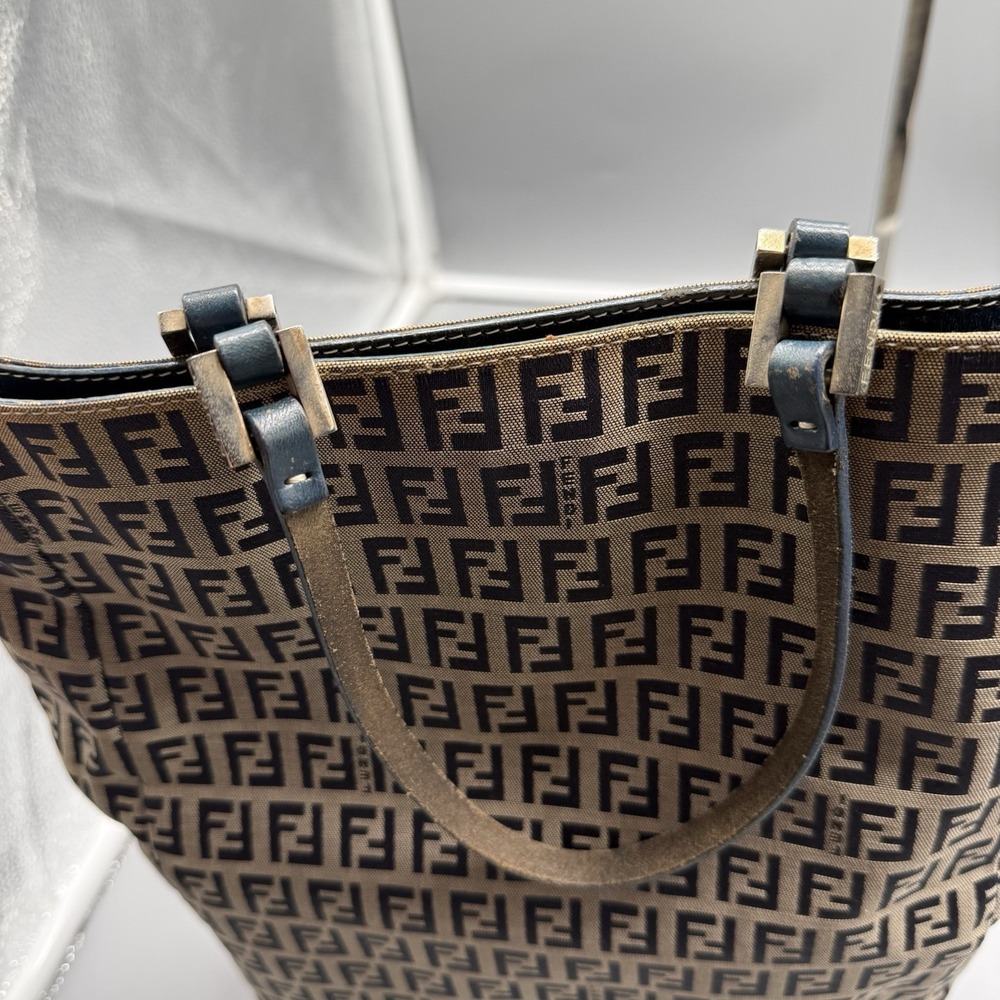 Fendi Zucca FF Monogram Tote Bag Blue Leather Trim Italy W/ COA & Dustbag Vtg - Picture 9 of 13